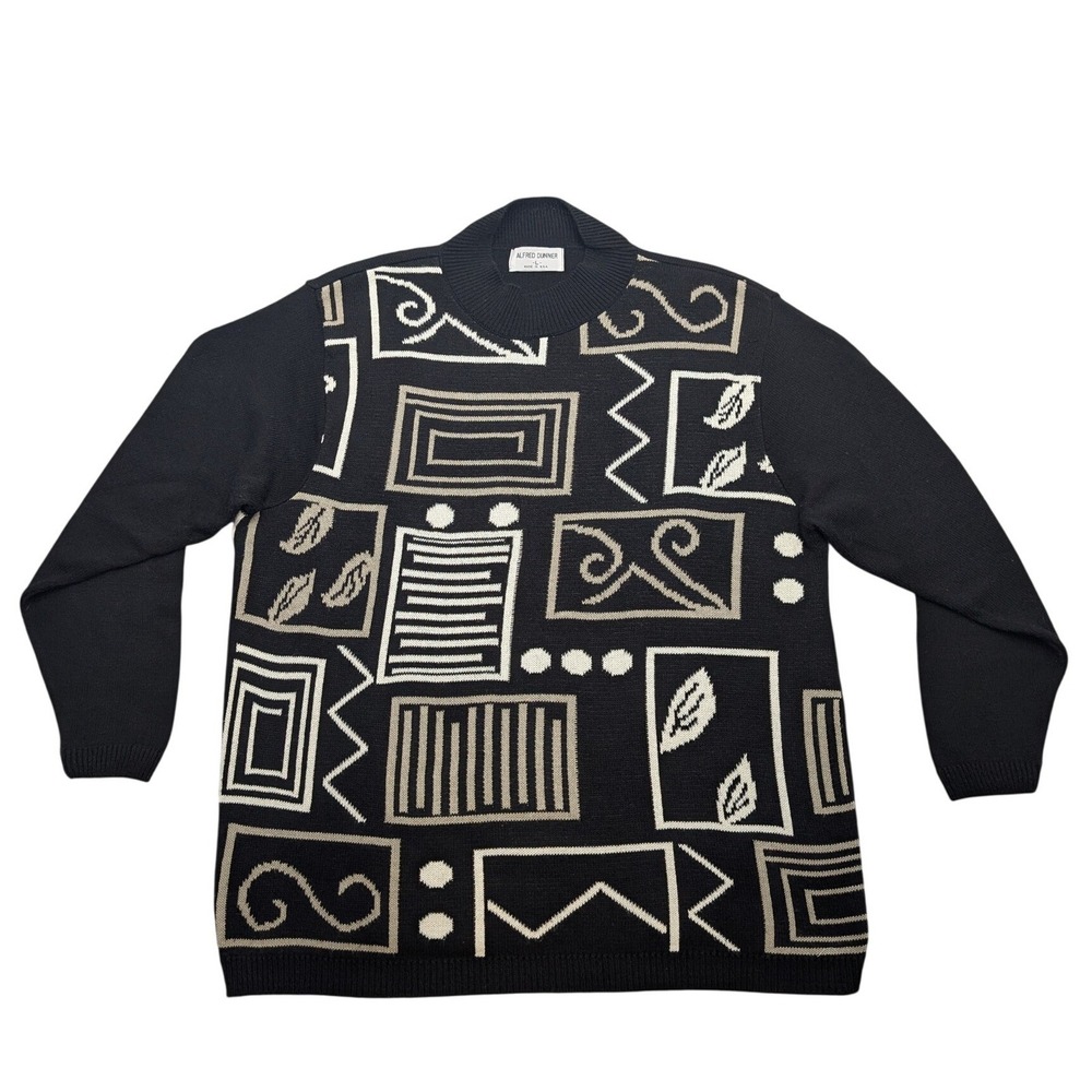 Vintage Alfred Dunner Geometric‎ Mock Neck Sweater Womens Large Black USA